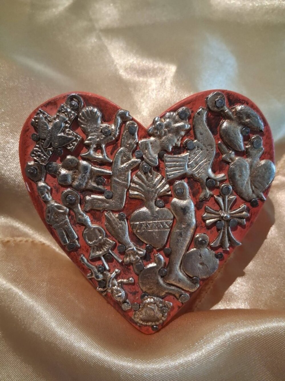 Vintage Mexican Folk Art Wooden Sacred Heart Milagros Wall Plaque Red Corazon